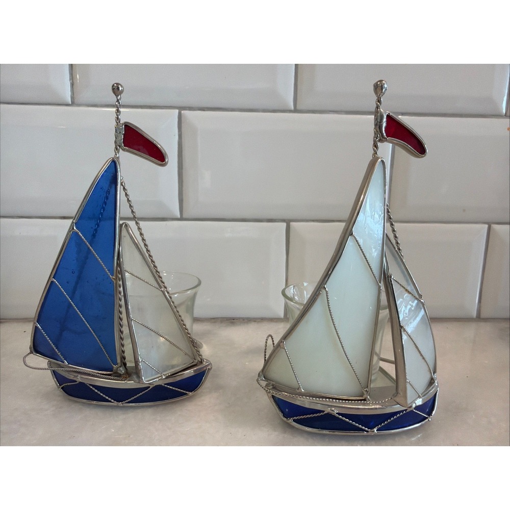 Set Of 2 Vintage Sailboat stained  Glass Tealight Candle Holders Red/wht/blue 00